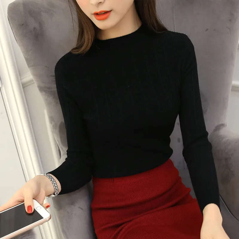 62810 black Женская однотонная трикотажная одежда с высоким воротником в Корейском стиле; сезон осень; Новинка; модные эластичные облегающие свитера с длинными рукавами; женские пуловеры; топы; 62810 - Цвет: 62810 black