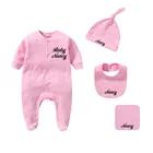 Пользовательские имя ребенка Одежда для новорожденных девочек, для мальчиков и девочек, костюмчик для выписки из роддома подарка на празднование в честь будущего рождения ребенка, комбинезон для новорожденных, комбинезон + шапка + нагрудник + полотенце 4 вещи в комплекте, хлопковая одежда для новор