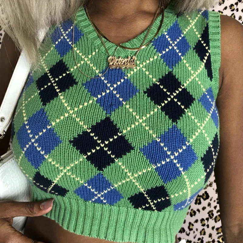 

Artsu Argyle клетчатый укороченный свитер жилет осенний Повседневный вязаный джемпер без рукавов с v-образным вырезом модная уличная одежда SW41613