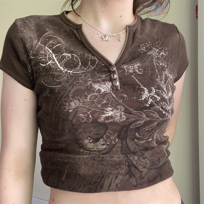 

Hirigin Ретро графический принт коричневые футболки y2k Fairycore гранж винтажные пуговицы V-образный вырез короткий рукав коричневый топ Женская фу...