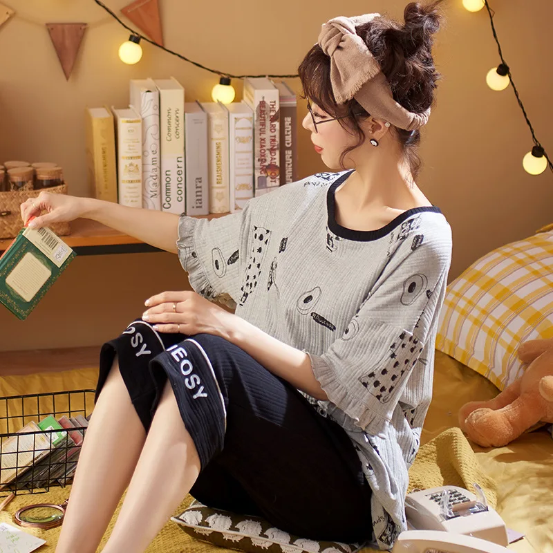 

Size"M-4XL" Women's Cotton Homedress Pajamas Sets Half Sleeve Calf-Length Pants Nightgown Round Neck Sleepwear New Home Clothing