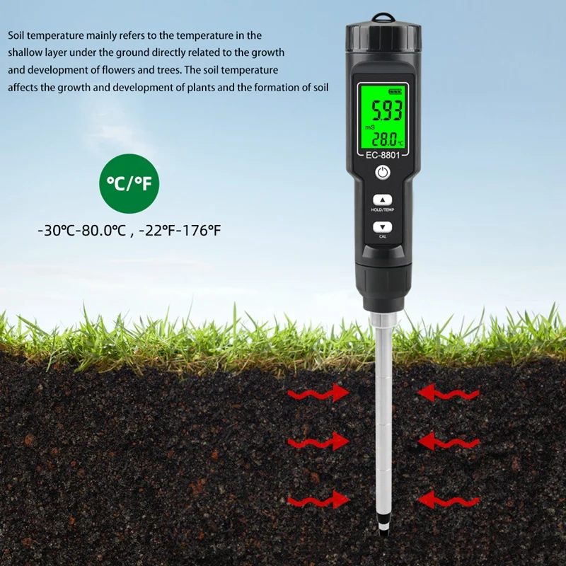 

Digital Soil EC/Temperature Tester Waterproof, Detachable Probe Automatic Temperature Compensation