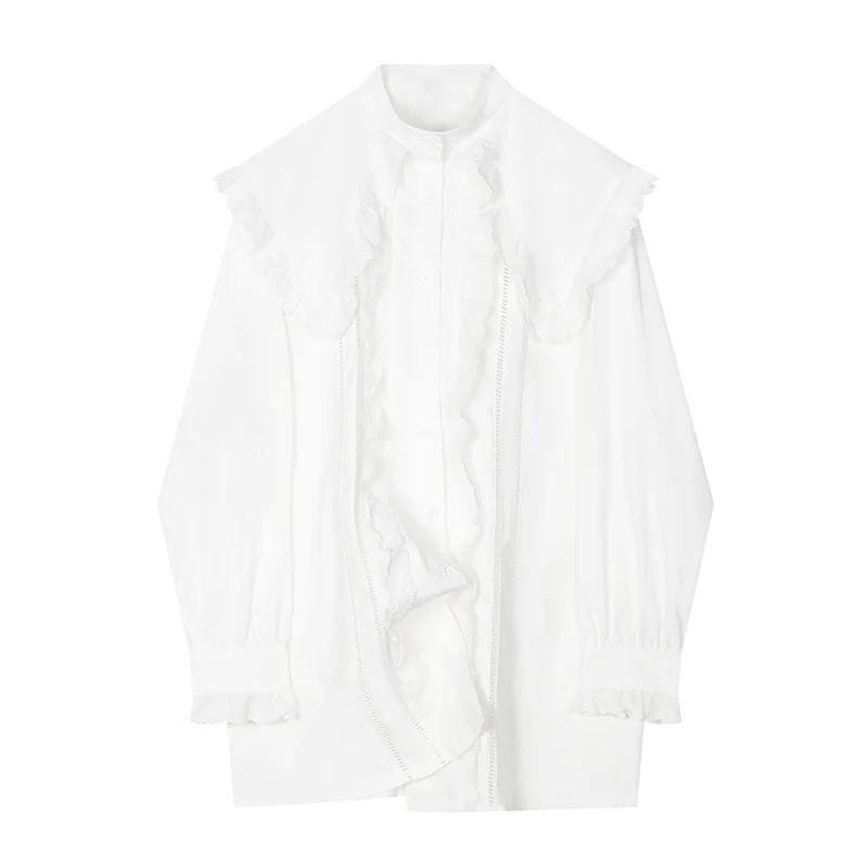 2021 Women's White Cardigan Blouses With Vintage Zipper Vest 2PCS Long Sleeve Peter Pan Collar Sweet Shirts Tops Female | Женская