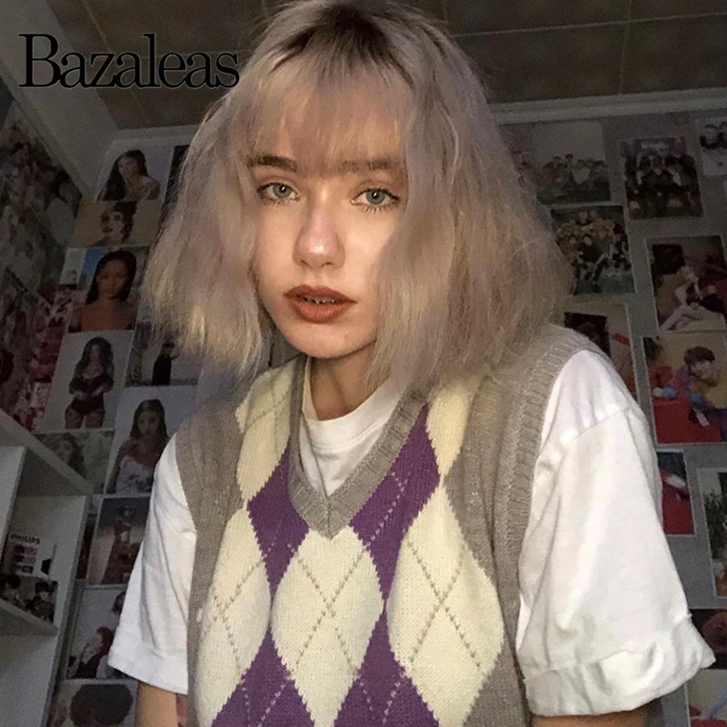 Женский винтажный Трикотажный жилет серый клетчатый с V-образным вырезом осень