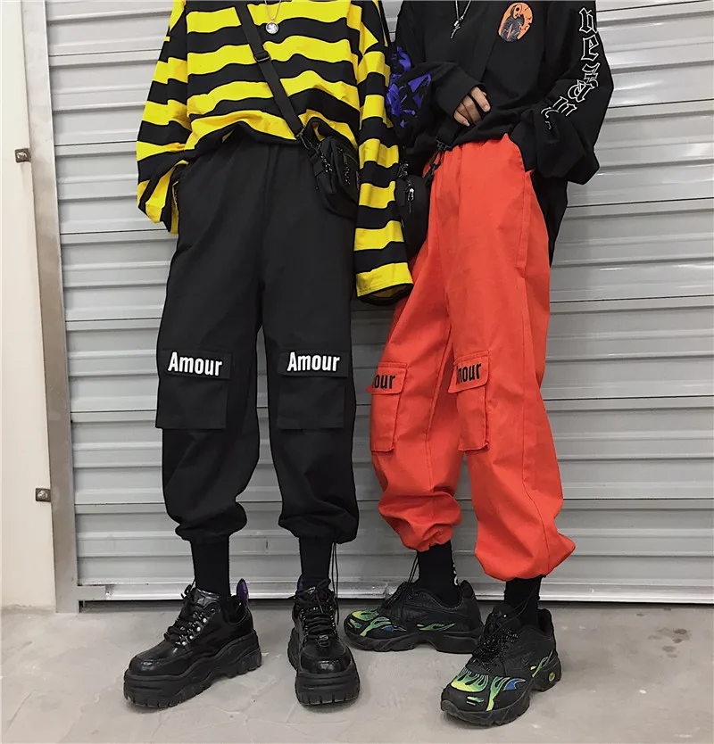 

Spring hip hop streetwear Harajuku style letter pocket overalls women loose bf casual female pants beam feet nine points pants