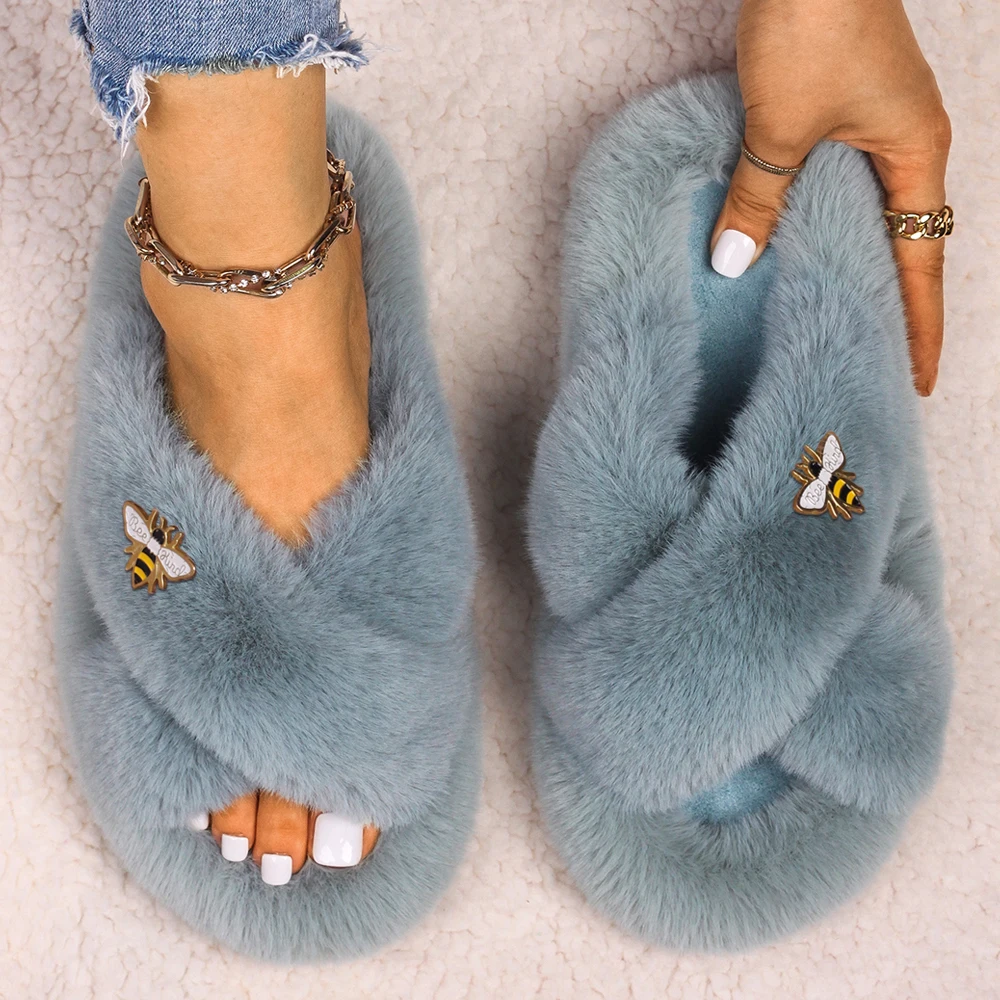 Furry Women Flat Slippers Faux Fur Shoes Female Fluffy Shining Crystal Rhinestone Insect Indoor Slides Warm Home Flip-Flops