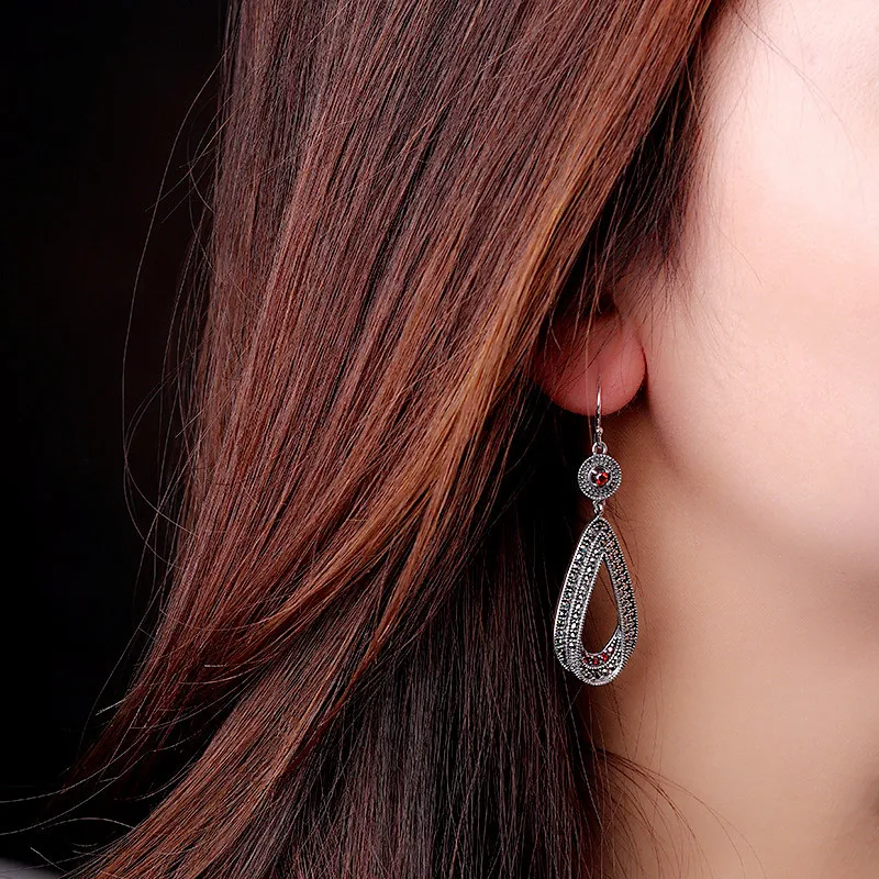 Uglyless Vintage Marcasite Earrings for Women Hollow Water Drop 925 Sterling Thai Silver Brincos Garnet Jewelry E1525 | Украшения и