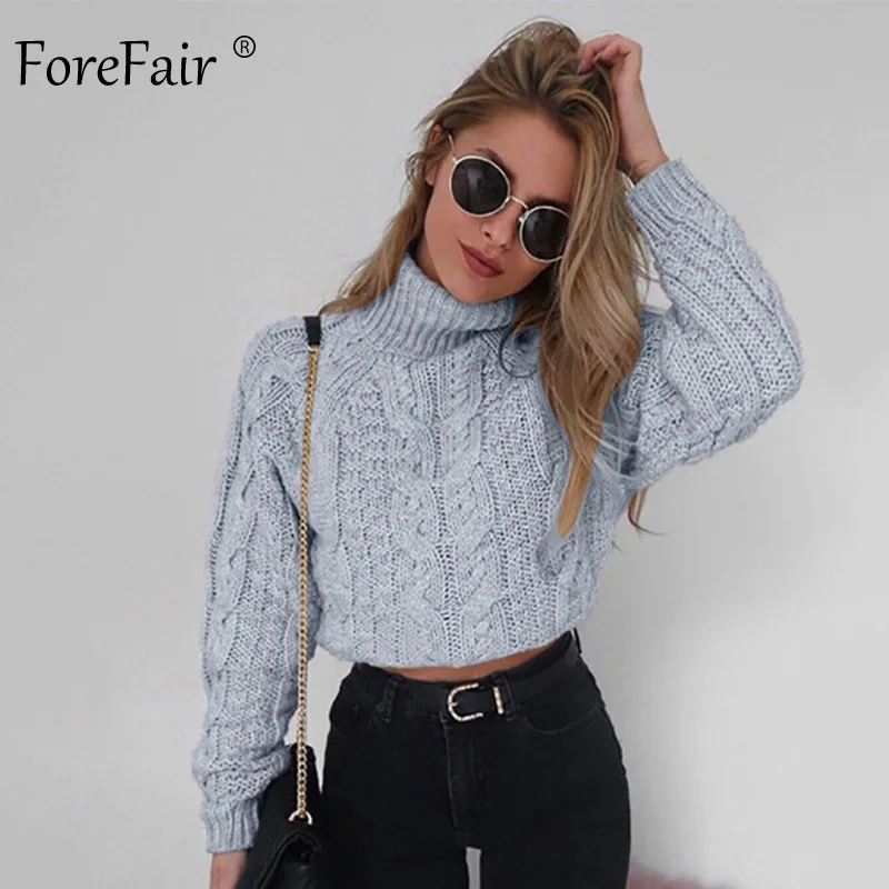 Forefair, водолазка, вязаный короткий свитер для женщин, зима, длинный рукав, короткий пуловер, осень, однотонный, тонкий, Повседневный, женский джемпер