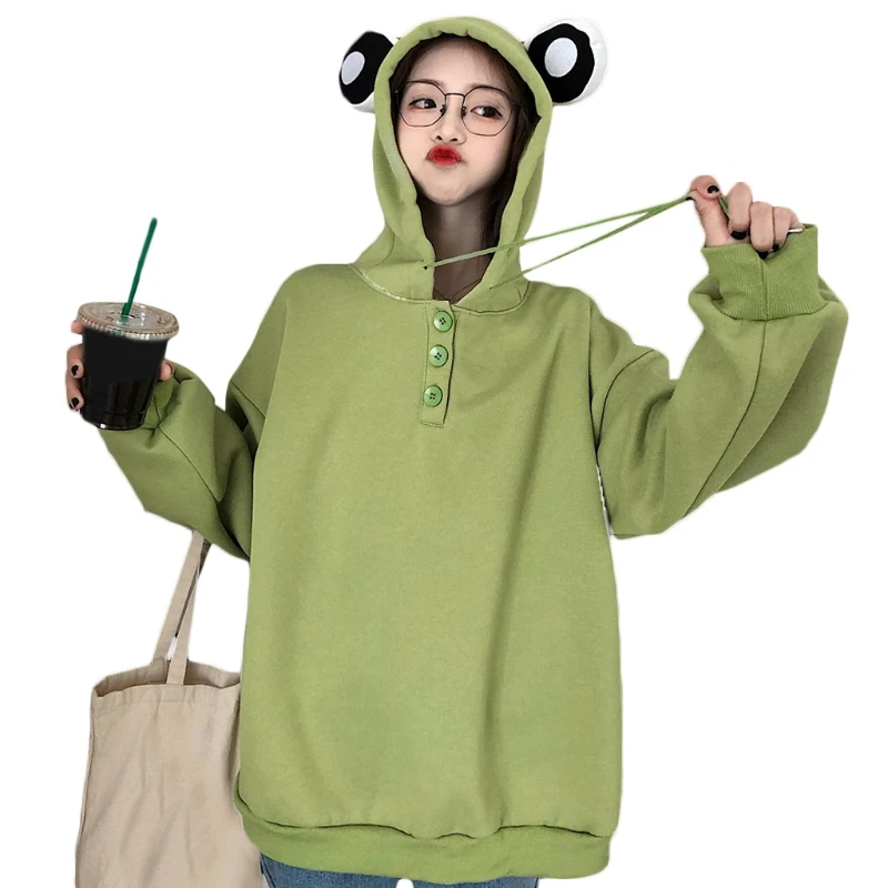 

Women Cartoon Frog Eyes Hoodies Buttons Oversized Loose Drawstring Sweatshirt Harajuku Long Sleeve Green Tunic Tops