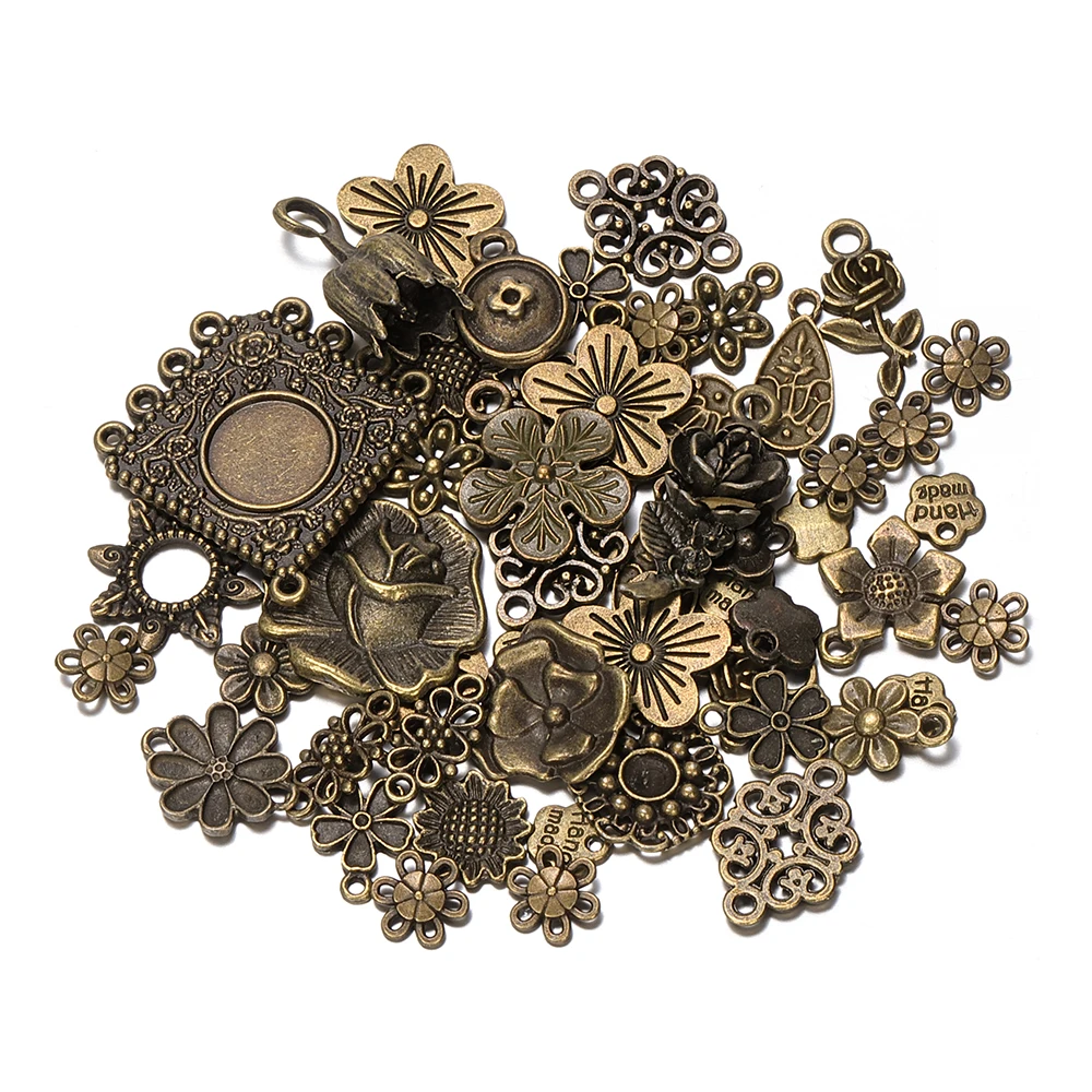 

50g 100g Mixed Flower Petal Antique Bronze Metal Charms Pendants Vintage Antique Bracelets Necklace for DIY Jewelry Making Craft