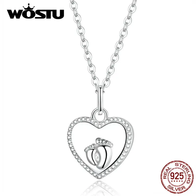 WOSTU, настоящее 925 пробы, серебряные ожерелья, следы, сердце, подвеска, длинная цепочка, звено для женщин, дружба, модное ювелирное изделие CQN354