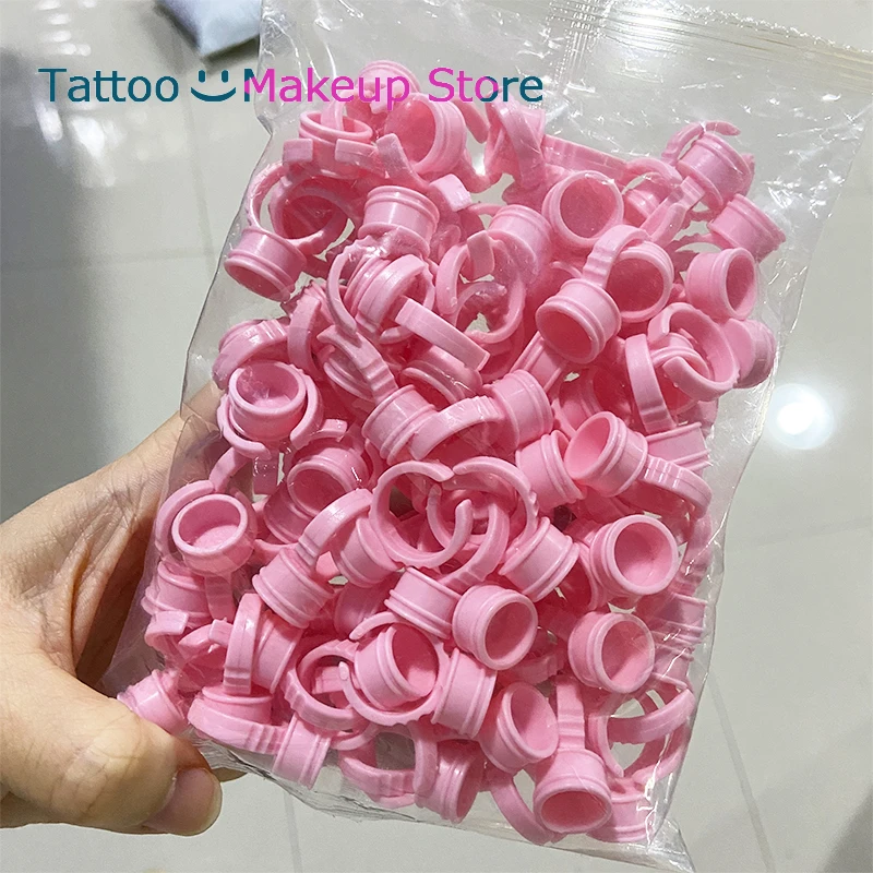 200Pcs Pink Tattoo Ink Cup Disposable Permanent Tattoo Tool Ring with Adjustable Size Pmu Accessories Microblading Ring S/M/L