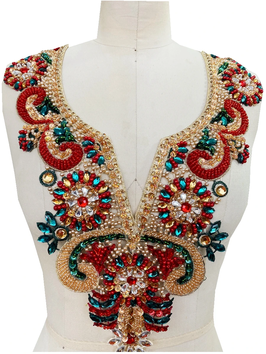 

Handmade multicolored rhinestones lace applique sew on beads crystal trim patches accessory for clothes dress neckline