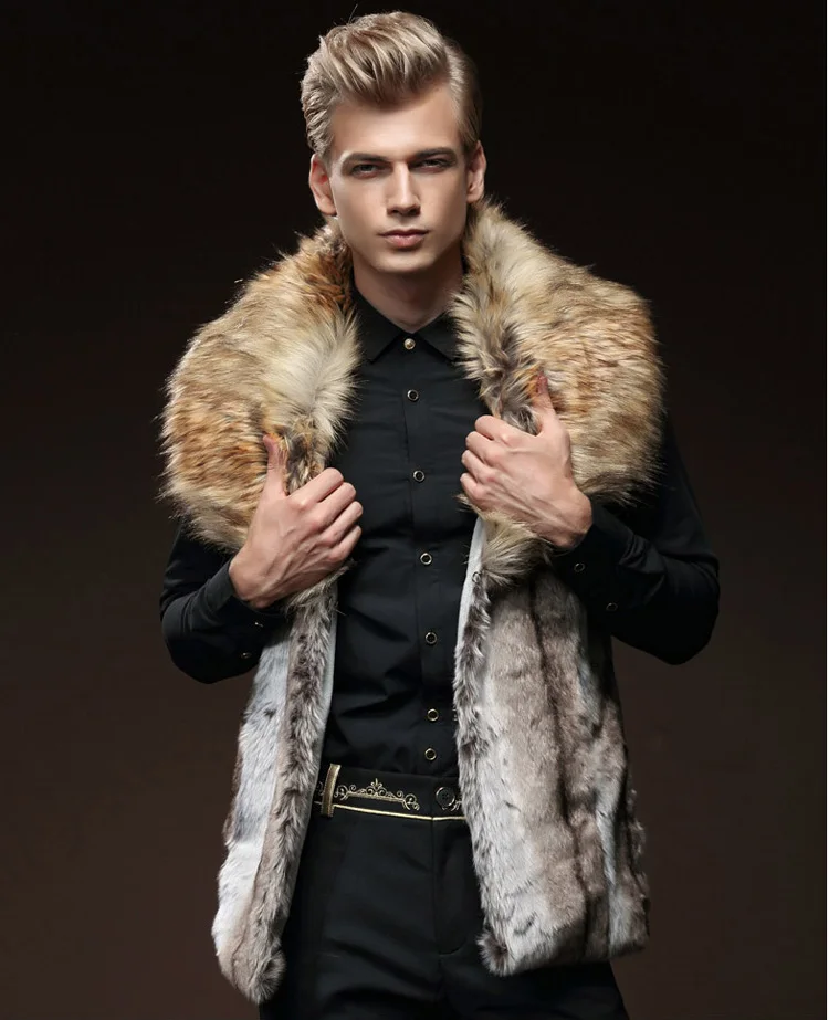 Free Shipping New fashion male Men's fur winter self-cultivation vest imitation rabbit fur hair large hair collar thickening