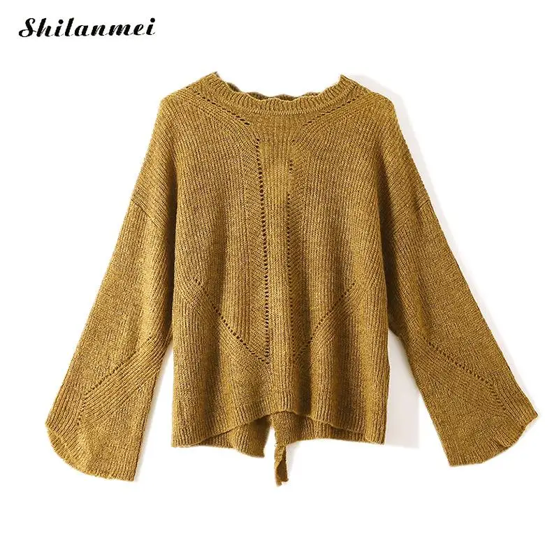 

Fashion Mohair Women Sweater Pullovers Long Flare Sleeve Loose Pullovers Knitwear Solid Yellow White Casual Knitted Pullovers