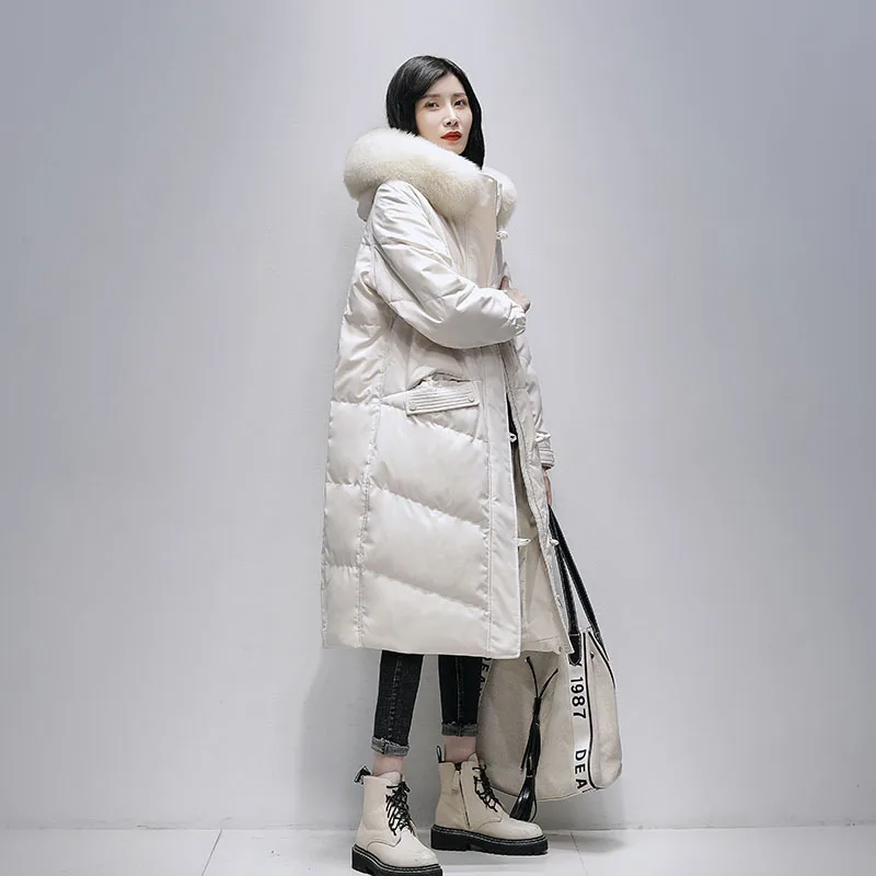 2021 New Winter Women Duck Down Parkas Medium Long 90% Down Puffer Overcoat Snow Outwear False Fox Fur Hooded Ox Horn Buckle 227