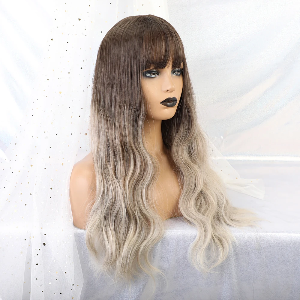 Синтетические длинные волнистые парики из натуральных волос с челкой для