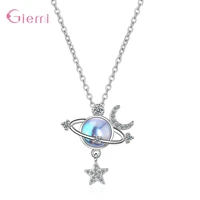 korean style moonstone planet pendant necklace for women girl 925 sterling silver zircon star moon wedding jewelry