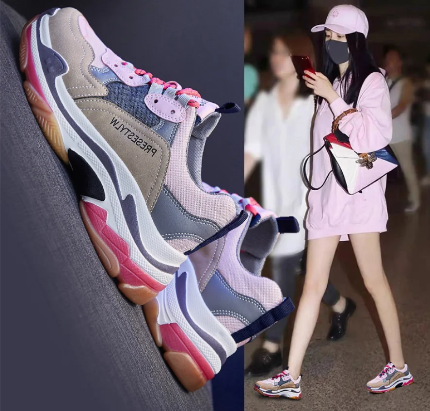 

2021 new platform sneakers women leather and mesh sports shoes vulcanized chunky sneakers comfortable casual shoes outdoor