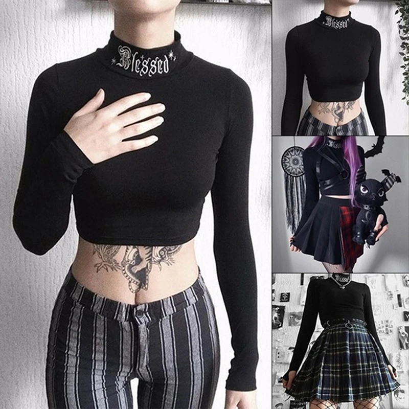 

Autumn Ladies T Shirt Long Sleeve O Neck Letters Printed Slim Female Crop Tops Short Fashion Navel T Shirt