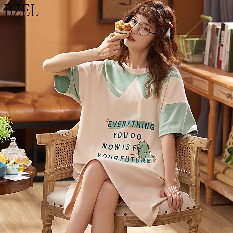 Женская ночная рубашка BZEL хлопковая с коротким рукавом и круглым вырезом модная