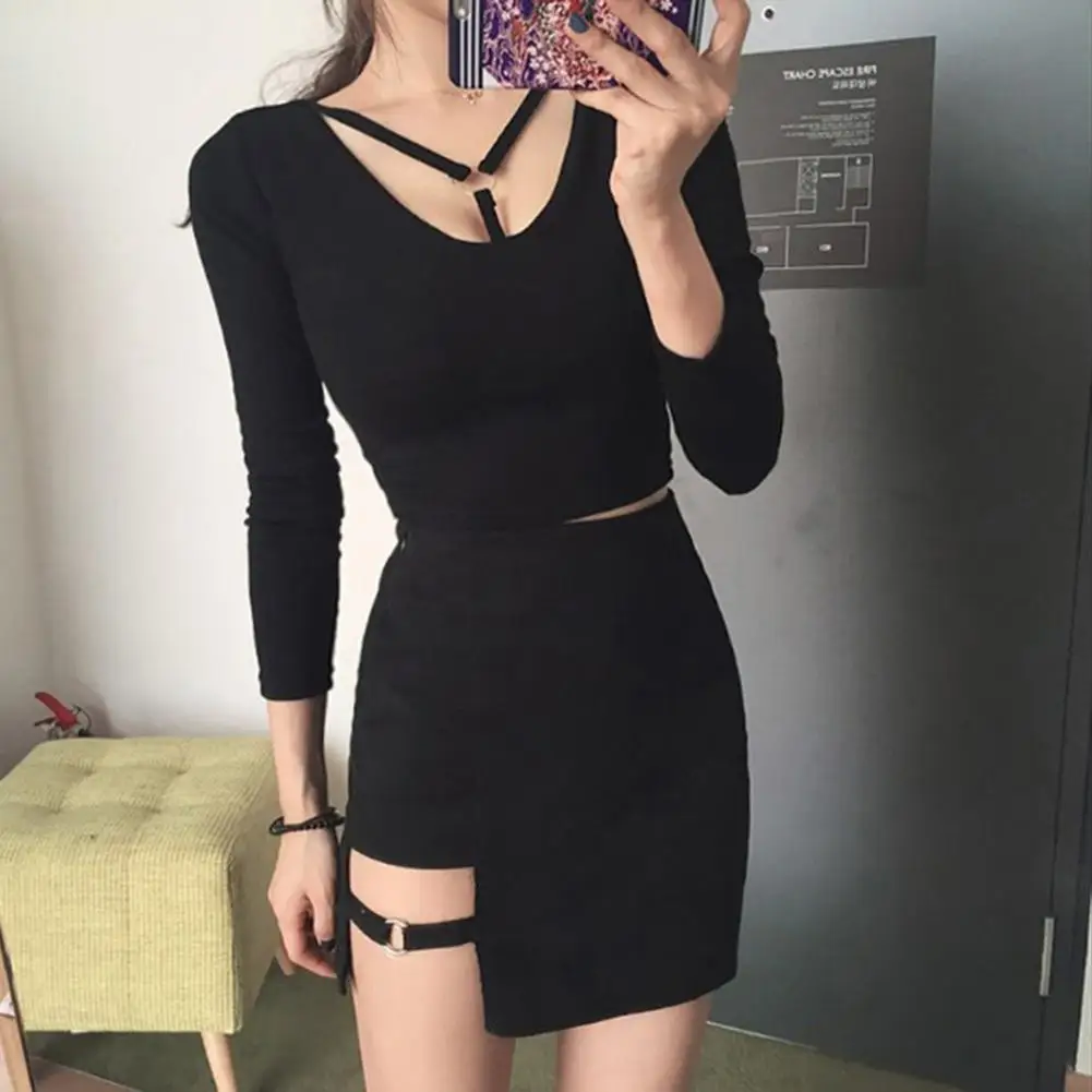 Модный женский однотонный пикантный укороченный топ с круглым вырезом и длинным