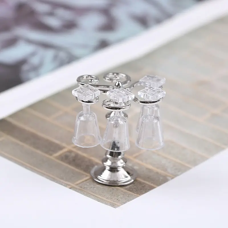 

1Set 1/12 Miniature Dollhouse Accessories Mini Cute Resin Metal Cup Holder With 4 Wine Glass Toys for DollHouse Gifts