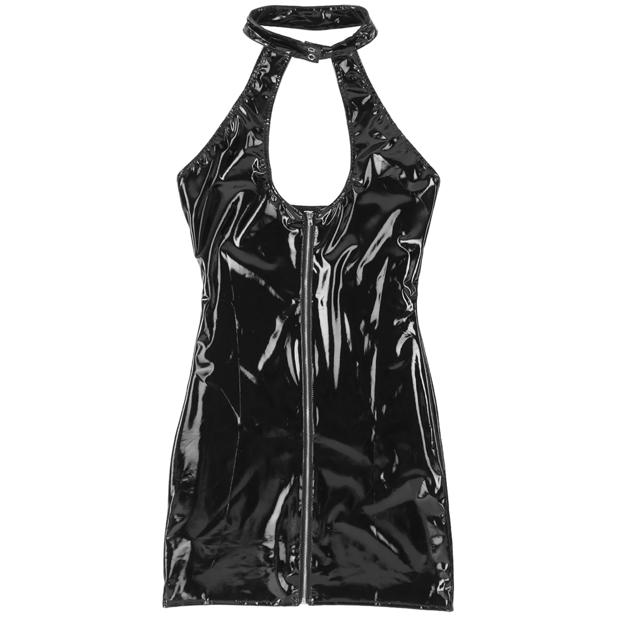 

Womens Clubwear Bodycon Dress Wet Look Patent Leather Halter Neck Sleeveless Low Back Front Zip Up Dress for Party Night Club