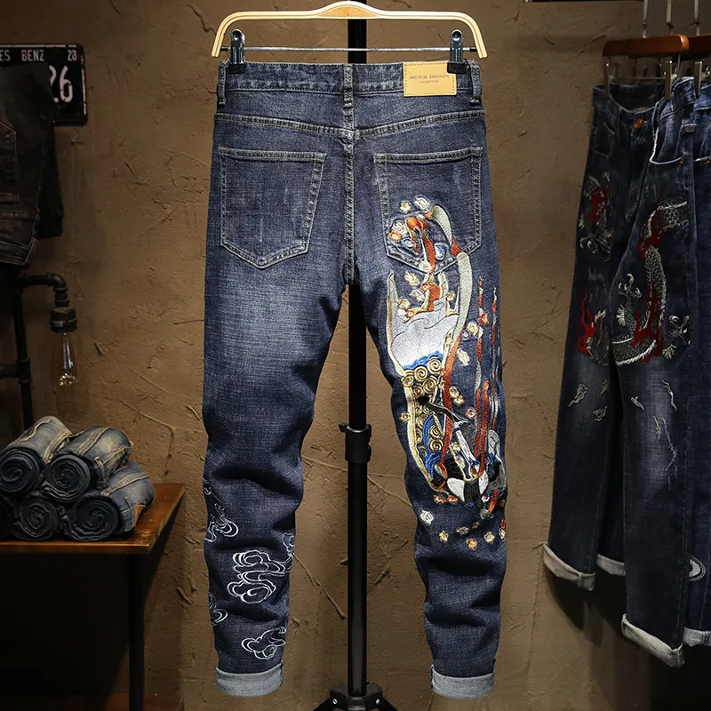 Джинсы мужские прямые с вышивкой Винтажные эластичные штаны Slim fit в стиле хип хоп