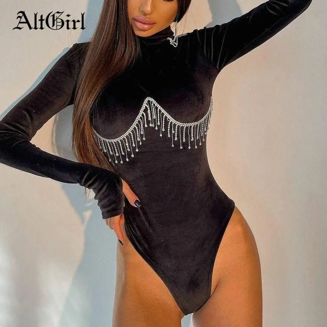 

AltGirl Sexy Nightclub Bodysuit Women Streetwear Y2k Hot Diamonds Long Sleeve Jumpsuit Harajuku Gothic Bodycon Playsuit Female