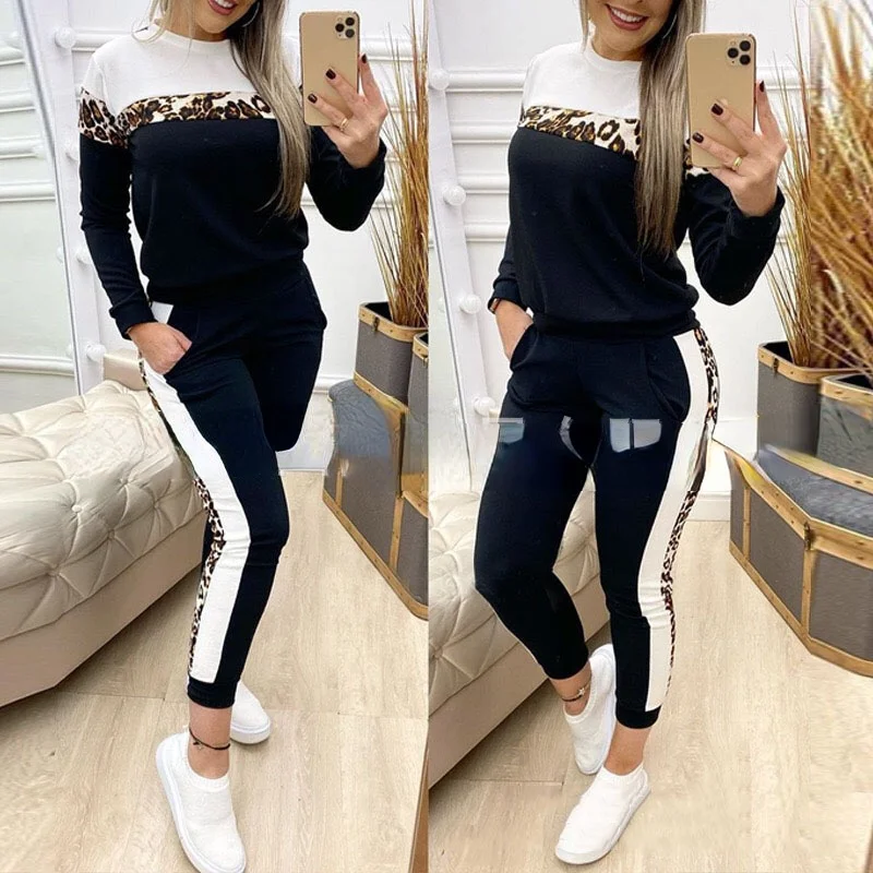 

Leopard Print 2 Piece Pants Set Women 2021 New Long Sleeve Round Neck Sweater Pullover Splicing Leggings Sets