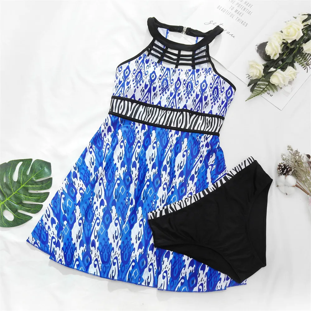 Женские из двух частей Плавание костюм с высоким воротом одежда юбка принтом