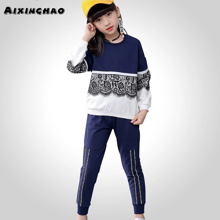 Aixinghao/спортивный костюм для девочек Весенняя Кружевная футболка + штаны детская