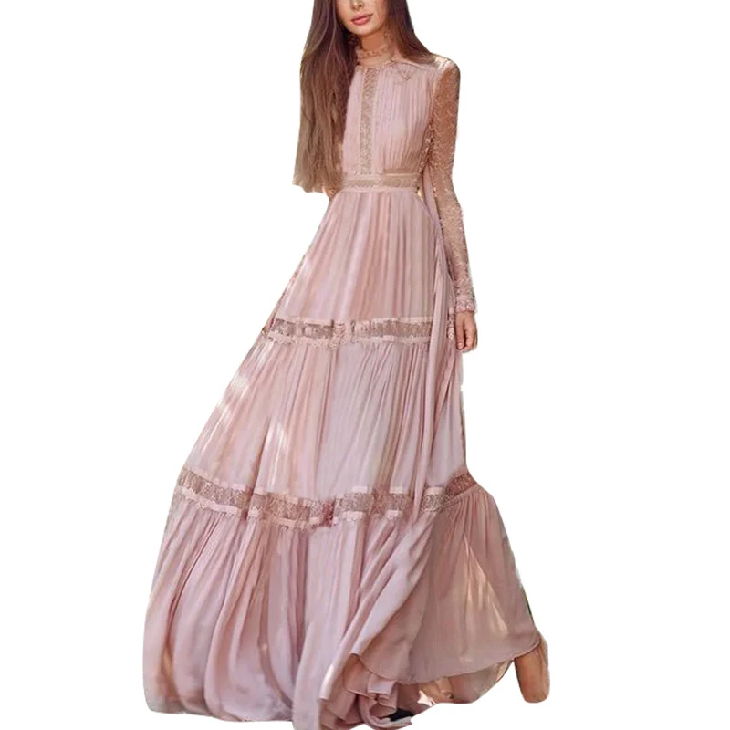 

Pink Lady Stitching Lace Dress Long Skirt Station 2021 Spring New