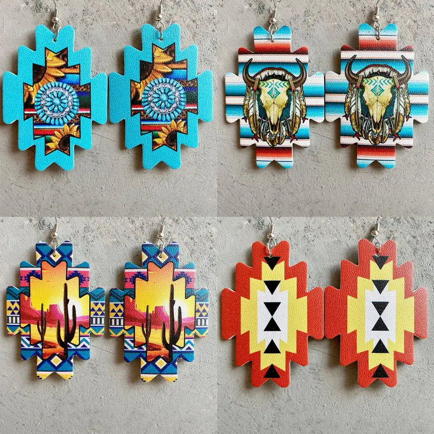 Западные ацтекские серьги из искусственной кожи богемные в форме пустыни