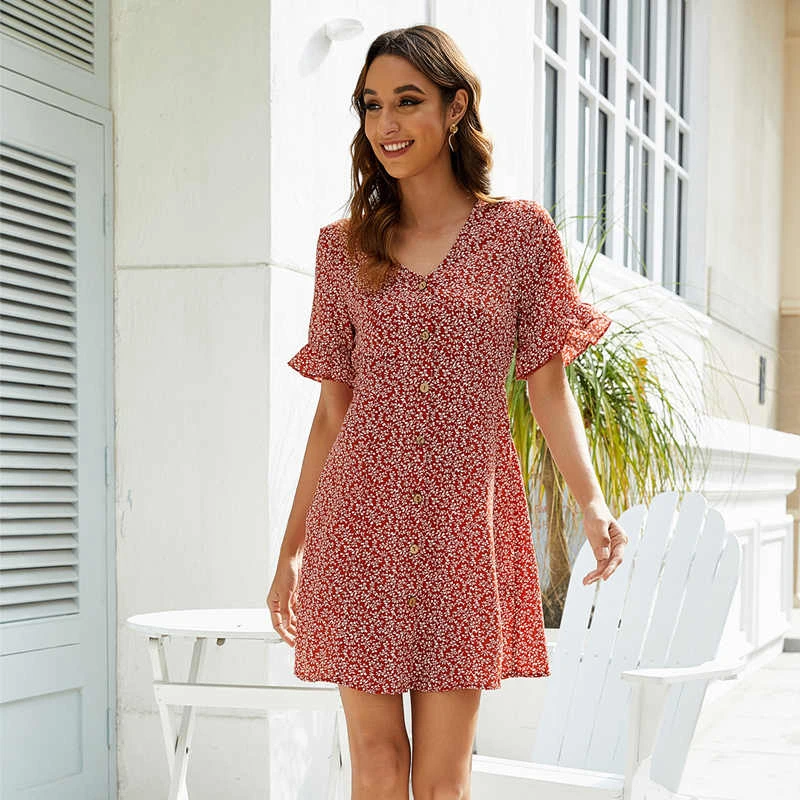 Женское платье с коротким рукавом V-образным вырезом и пуговицами | Женская