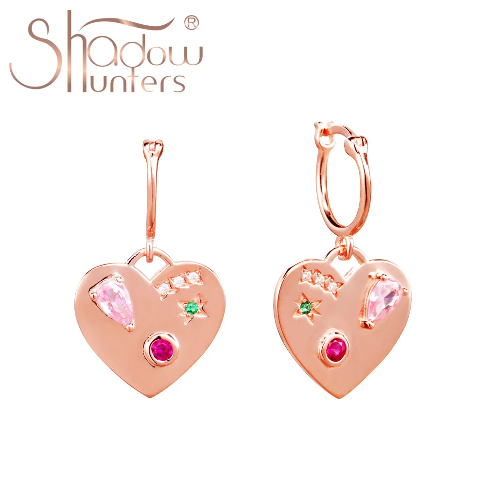 

SHADOWHUNTERS Pure 925 Sterling Silver Pink Heart Drop Earrings With Candy Stones Zircon Romantic Women Jewelry For Young Girls