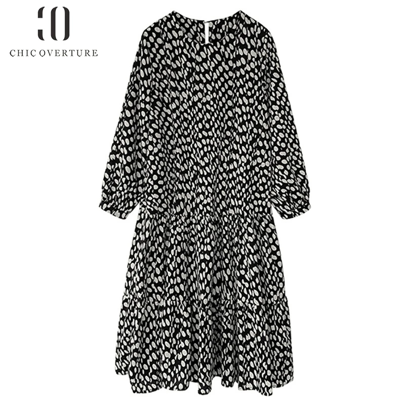 

Chic Overture Women Long Sleeves Dress Dot Print Loose Waist Cute Dress Girls Daily Streetwear Office Lady Women Clothes Outfit