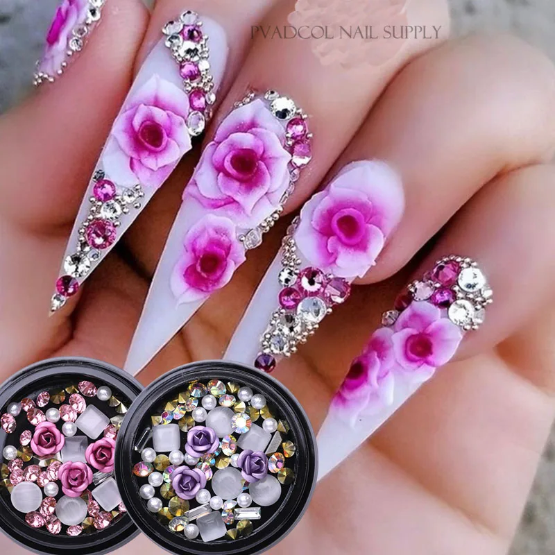 Блестящие 3D Стразы для ногтей драгоценные камни роза Цветок смешанные кристаллы