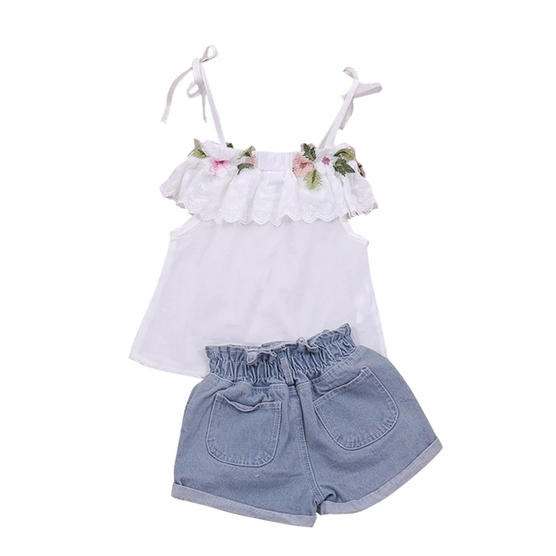 

Summer Toddler Kids Baby Girl Lace Floral Sling Top + Denim Shorts Summer Sleeveless 2PCS Infant Girl Clothes 2-7 Years