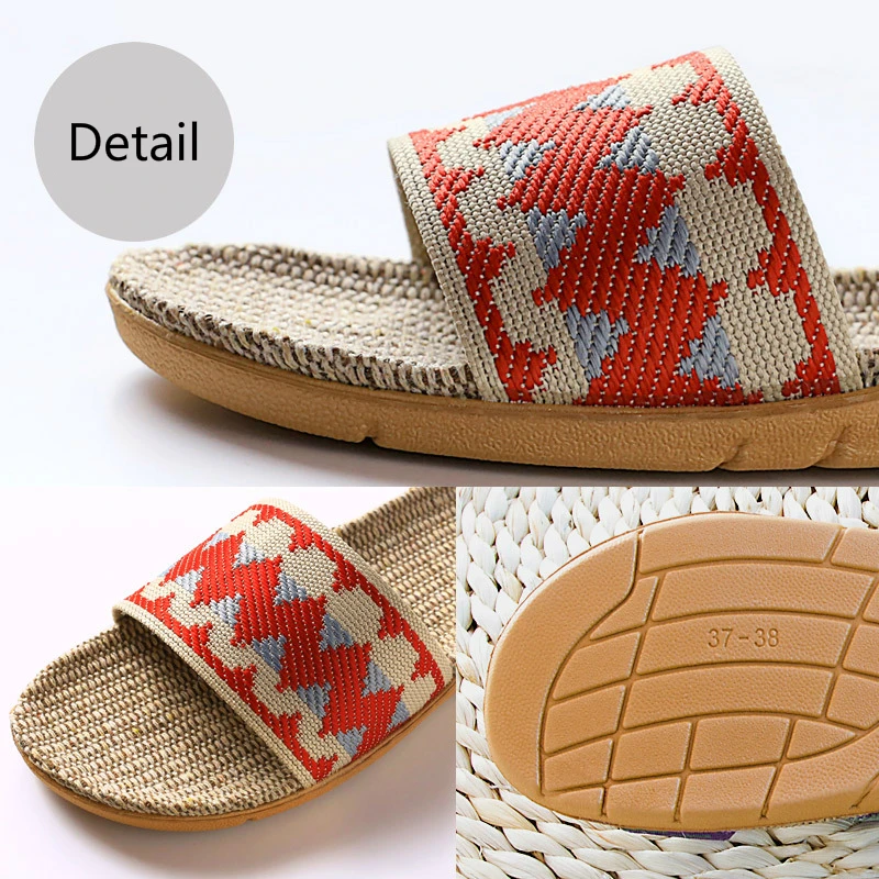 

2021 New Summer Women Linen Slippers Indoor Wave Pattern Beach Seaside Quick-drying Woman Sandals Hemp Leather Men's Slippers