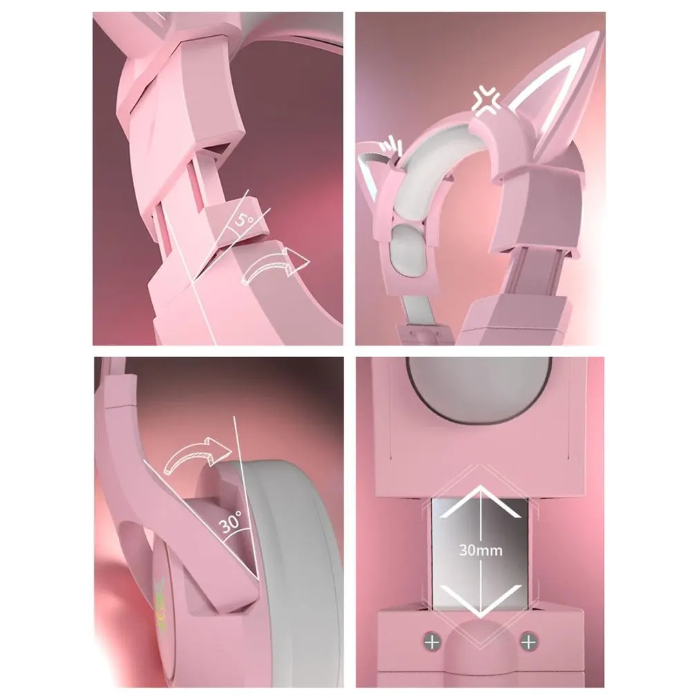 

K9 Gaming Stereo Headsets Pink Cute Cat Ear Wired USB Headphones With Mic Noise Reduction For PS4/Xbox Soft Earmuffs Earphones
