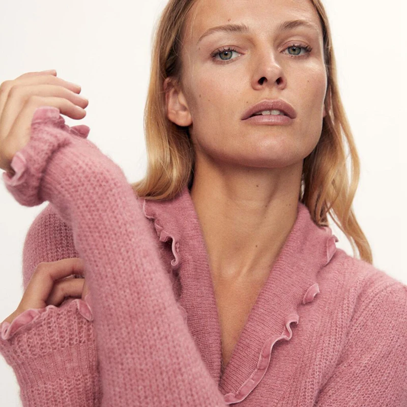 

OLOMM V-Neck Cardigan Sweater Women Winter Solid Elastic Slim Fit Lotus Leaf Knitted Sweater Fashion Flared Long Sleeve Tops