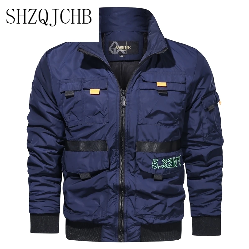 

Men New Jacket Pilot Casual Solid Color Jackets Stand Collar Autumn Mens Bomber Jacket Clothing Male Outwear Coats Multi-pocket