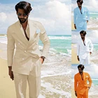 Мужской костюм из 2 предметов, бежевый льняной пляжный двубортный Блейзер, облегающий пиджак для жениха, лучший мужской свадебный смокинг, брюки, лето 2021