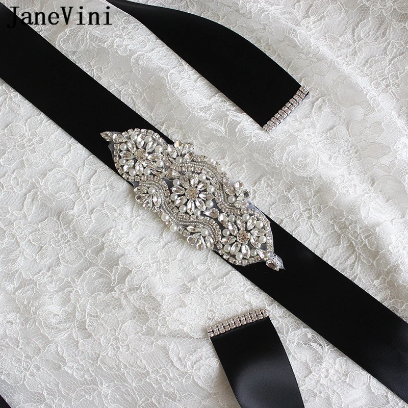 JaneVini элегантный черный атласный свадебный пояс со стразами пояса ручной работы