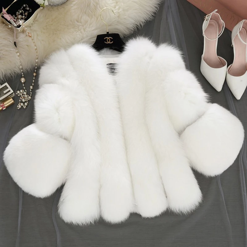 

Faux Fox Fur Clothes Short Three-Quarter-Sleeved Warm Clothes Winter Thick Clothes Fashionable V-Neck Fluffy Outerwear