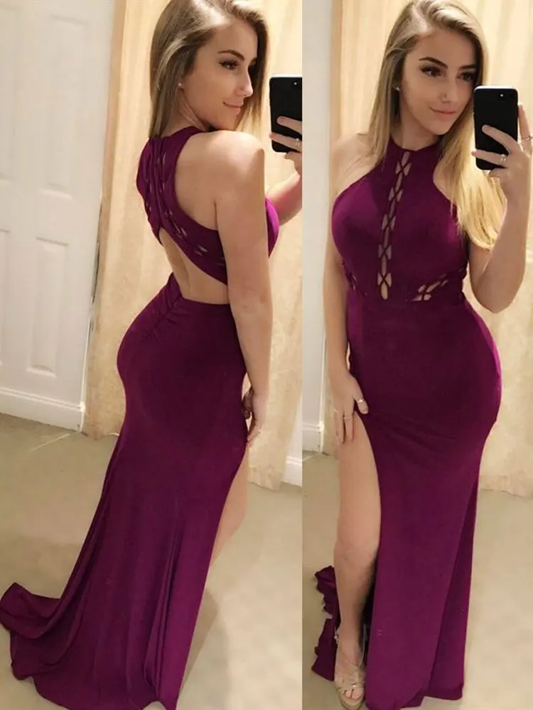 

Burgundy Mermaid / Trumpet Party Gowns Jewel Sweep/Brush Floor length Sleeveless Simple Front/Side Slit Pierced Evening Dresses