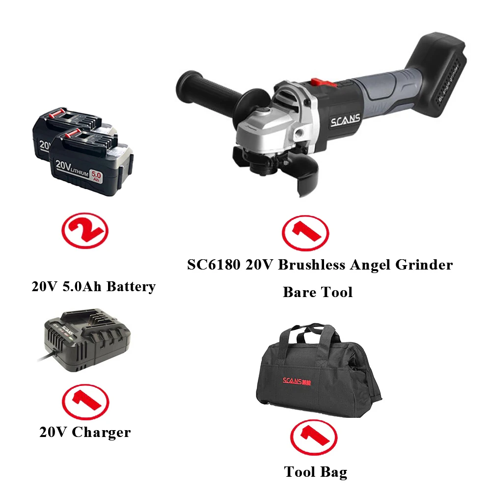 

Угловая шлифовальная машина SC6180, 20 в, 100 мм, 20 в, с литий-ионным аккумулятором 5000 мА · ч