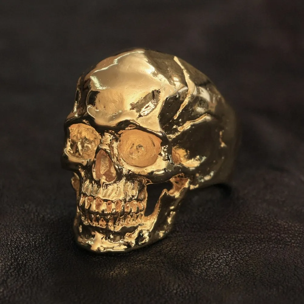 

LINSION Gold Plated Brass Skull Ring High Detail Mens Biker Rock Punk Jewellery GP50 US Size 7~15